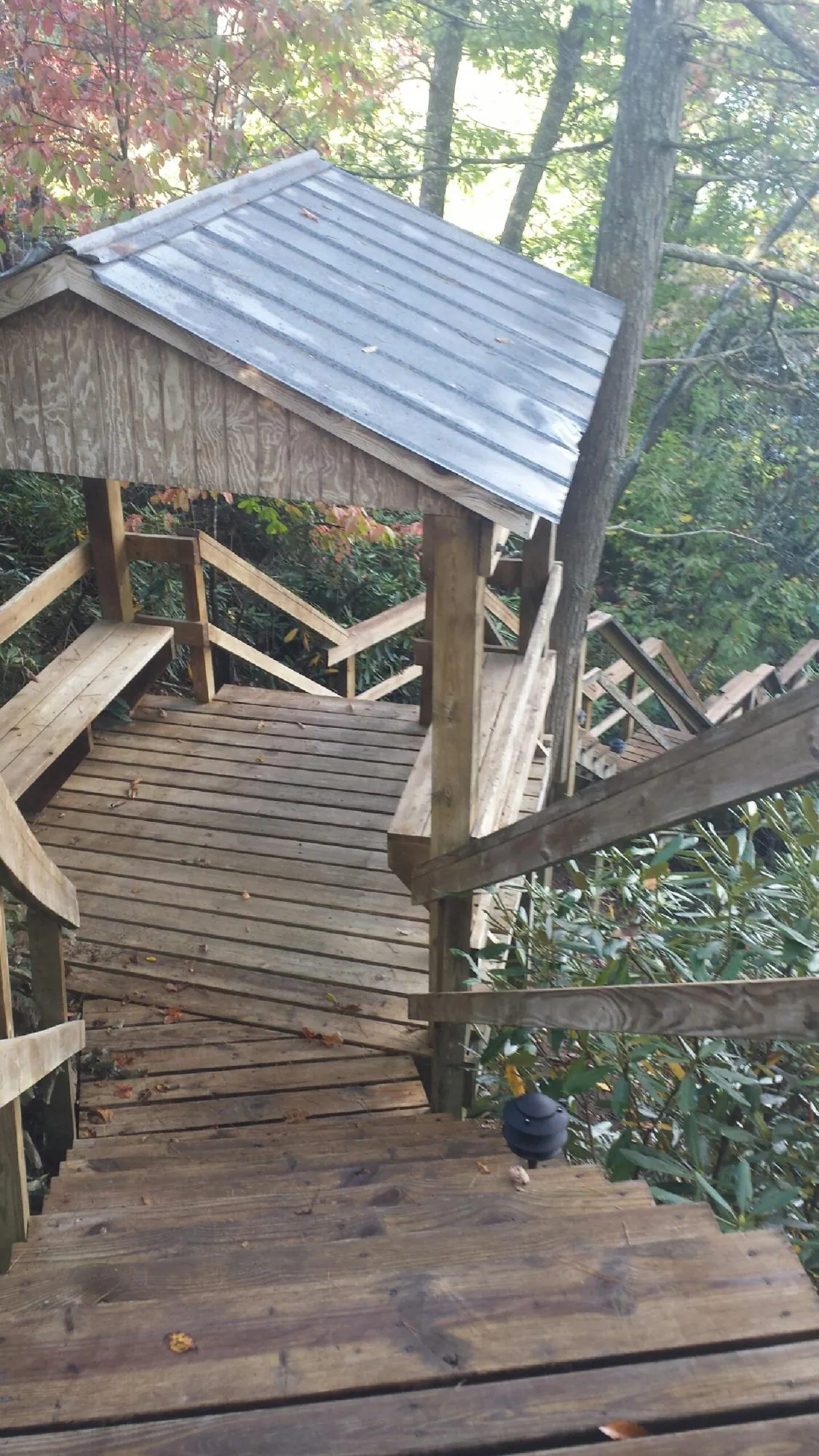 Metal roofed shelter over wooden steps on a wooded walkway — Skylight Repair & Installation work by our crew in Wrightsboro